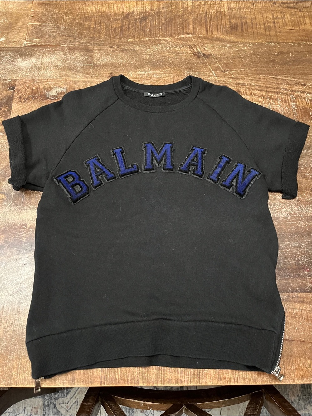 Balmain Black Short Sleeve Side Zip Appliqué Logo Sweatshirt